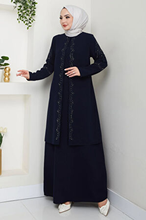 Büyük Beden Boncuklu Taşlı Anne Elbisesi Lacivert HM2693