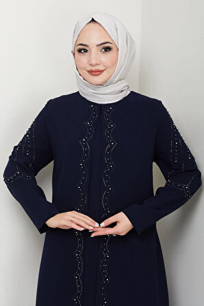 Büyük Beden Boncuklu Taşlı Anne Elbisesi Lacivert HM2693