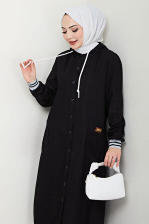 Kapüşonlu Ribanalı Kot Kap Siyah HM2691