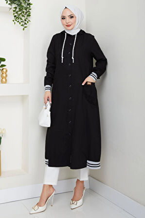 Kapüşonlu Ribanalı Kot Kap Siyah HM2691