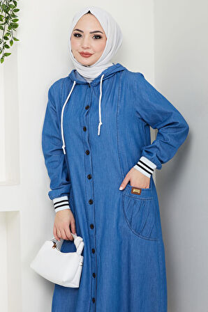 Kapüşonlu Ribanalı Kot Kap Açık Mavi HM2691