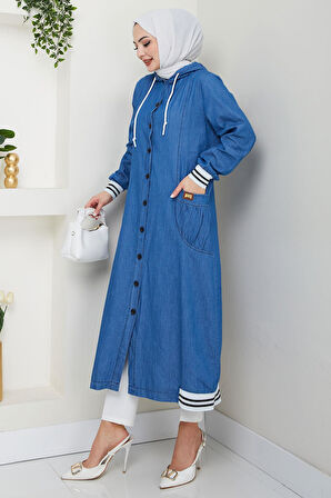 Kapüşonlu Ribanalı Kot Kap Açık Mavi HM2691