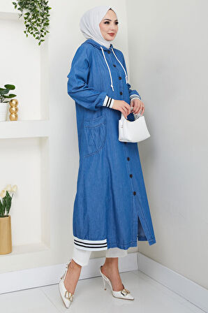 Kapüşonlu Ribanalı Kot Kap Açık Mavi HM2691