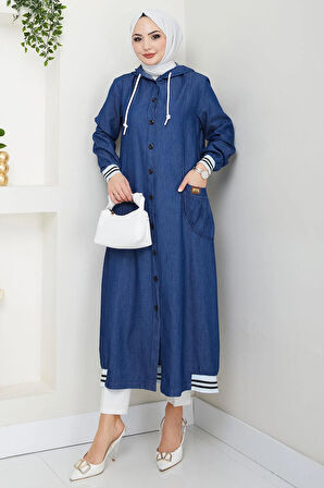 Kapüşonlu Ribanalı Kot Kap Koyu Mavi HM2691