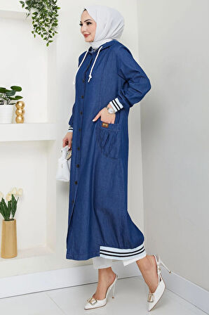 Kapüşonlu Ribanalı Kot Kap Koyu Mavi HM2691