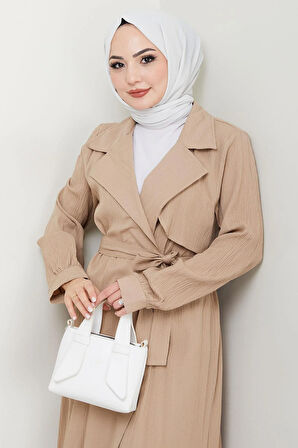 Yazlık Kruvaze Yaka Trençkot İkili Takım Vizon HM2703