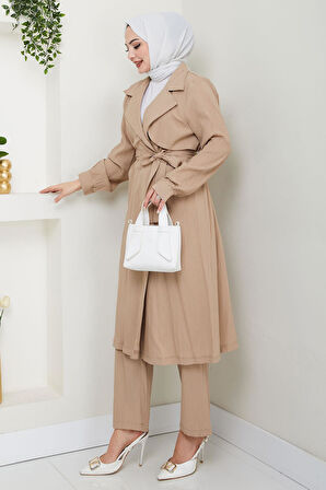 Yazlık Kruvaze Yaka Trençkot İkili Takım Vizon HM2703