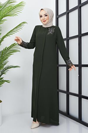 Büyük Beden Dantel Taş İşleme Detaylı Haki Ferace