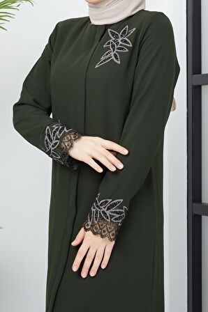 Büyük Beden Dantel Taş İşleme Detaylı Haki Ferace