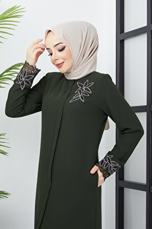 Büyük Beden Dantel Taş İşleme Detaylı Haki Ferace