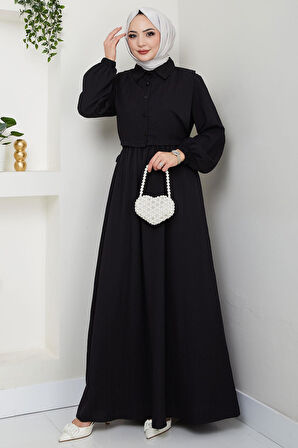 Bolerolu Beli Lastikli Elbise Siyah HM2702