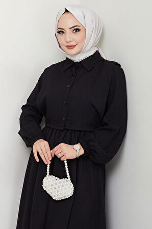 Bolerolu Beli Lastikli Elbise Siyah HM2702