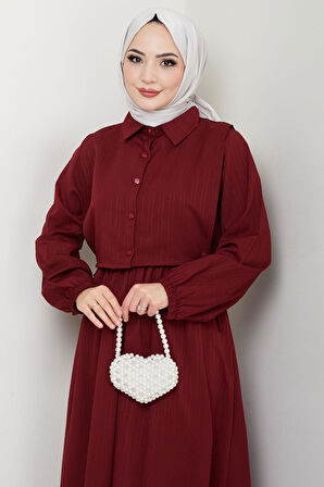 Bolerolu Beli Lastikli Elbise Bordo HM2702