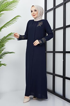 Büyük Beden Dantel Taş İşleme Detaylı Lacivert Ferace