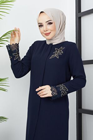 Büyük Beden Dantel Taş İşleme Detaylı Lacivert Ferace