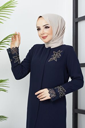 Büyük Beden Dantel Taş İşleme Detaylı Lacivert Ferace
