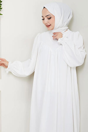 Büzgülü Robalı Elbise Beyaz HM2501