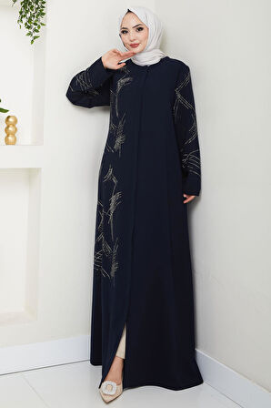Tek Tarafı ve Kolları Taşlı Büyük Beden Ferace Lacivert HM2711