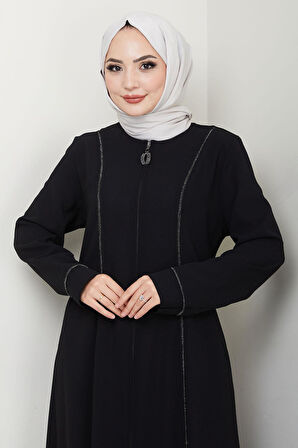 Boydan Şerit Taşlı Ferace Siyah HM2709