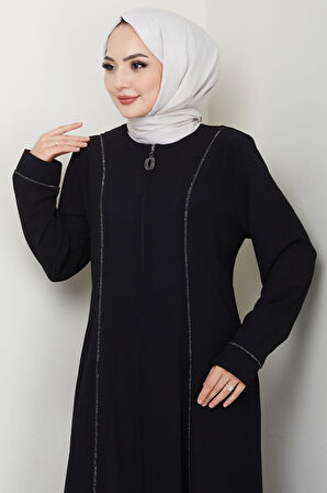 Boydan Şerit Taşlı Ferace Siyah HM2709