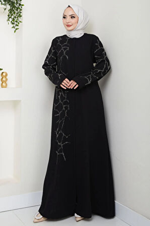 Sahra Taşlı Büyük Beden Ferace Siyah HM2712