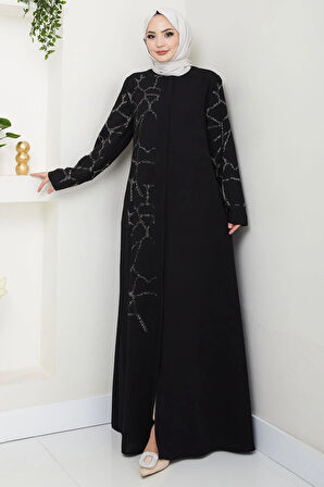 Sahra Taşlı Büyük Beden Ferace Siyah HM2712