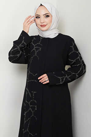 Sahra Taşlı Büyük Beden Ferace Siyah HM2712