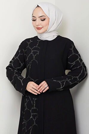 Sahra Taşlı Büyük Beden Ferace Siyah HM2712