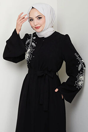 İncili Çiçek Motifli Kuşaklı Ferace Siyah HM2720