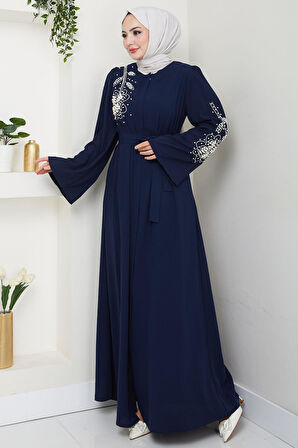 İncili Çiçek Motifli Kuşaklı Ferace Lacivert HM2720