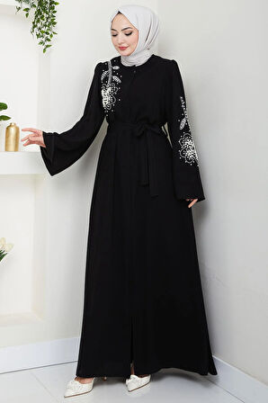 İncili Çiçek Motifli Kuşaklı Ferace Siyah HM2720