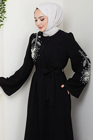 İncili Çiçek Motifli Kuşaklı Ferace Siyah HM2720