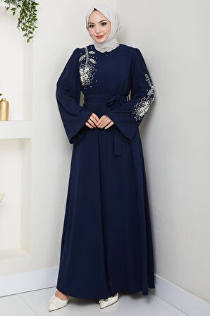 İncili Çiçek Motifli Kuşaklı Ferace Lacivert HM2720