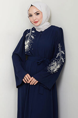 İncili Çiçek Motifli Kuşaklı Ferace Lacivert HM2720