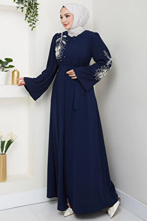 İncili Çiçek Motifli Kuşaklı Ferace Lacivert HM2720