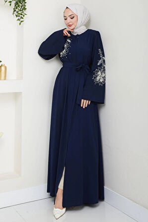 İncili Çiçek Motifli Kuşaklı Ferace Lacivert HM2720