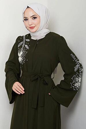 İncili Çiçek Motifli Kuşaklı Ferace Haki HM2720