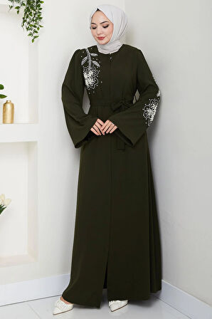 İncili Çiçek Motifli Kuşaklı Ferace Haki HM2720