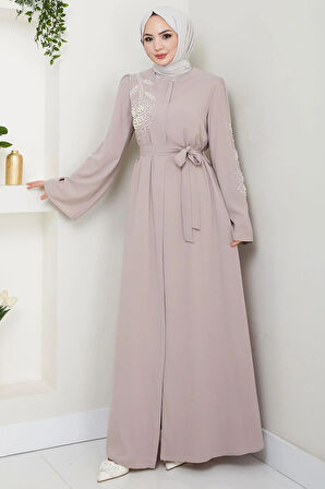 İncili Çiçek Motifli Kuşaklı Ferace Bej HM2720