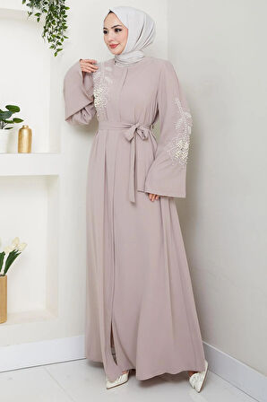 İncili Çiçek Motifli Kuşaklı Ferace Bej HM2720