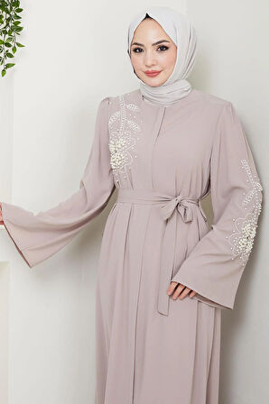 İncili Çiçek Motifli Kuşaklı Ferace Bej HM2720