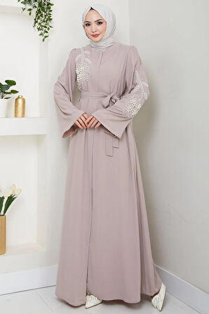 İncili Çiçek Motifli Kuşaklı Ferace Bej HM2720