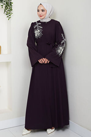 İncili Çiçek Motifli Kuşaklı Ferace Mürdüm HM2720