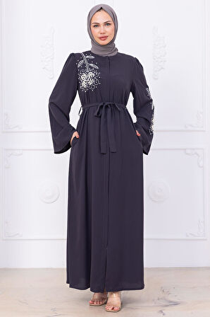 İncili Çiçek Motifli Kuşaklı Ferace Füme HM2720