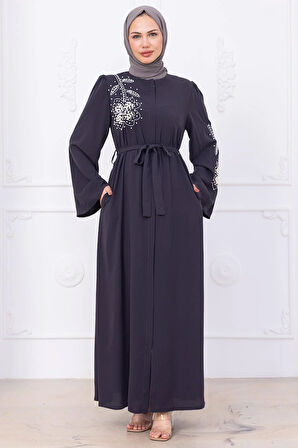 İncili Çiçek Motifli Kuşaklı Ferace Füme HM2720