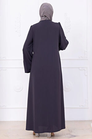 İncili Çiçek Motifli Kuşaklı Ferace Füme HM2720