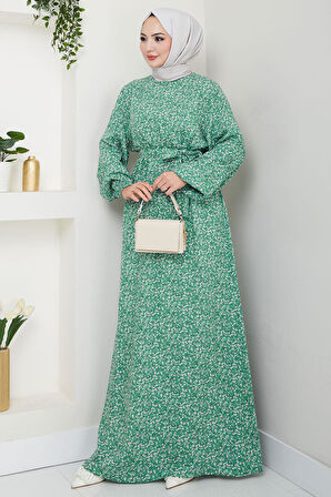 Çıtır Çiçek Desenli Yazlık Viskon Elbise Yeşil HM2717