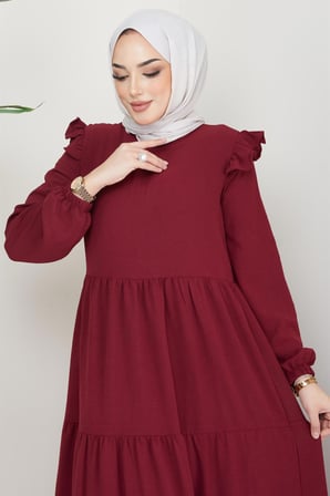 Omuzu Fırfırlı Ayrobin Tesettür Elbise Bordo
