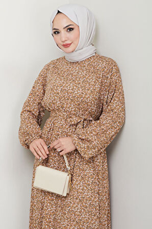 Çıtır Çiçek Desenli Yazlık Viskon Elbise Vizon HM2717