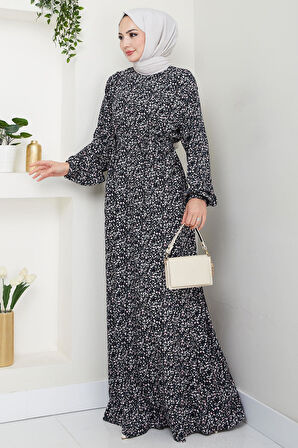 Çıtır Çiçek Desenli Yazlık Viskon Elbise Siyah HM2717